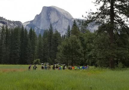 Summer Day Camp Campers walking through Yosemite Valley with half dome in the background.